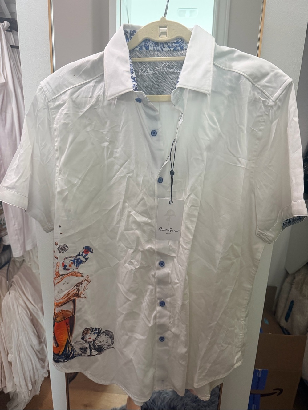 Robert Graham White Short-Sleeve Button-Up Shirt with Printed Detail